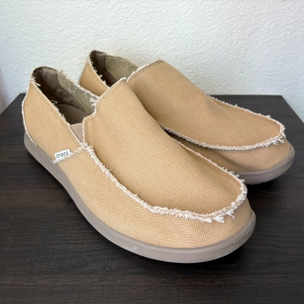Crocs Santa Cruz Loafer Shoe Mens Size 15 Tan Canvas Slip On Moc Toe Lightweight